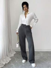 Rafferiza Calça Listrada Assimétrica de Cintura para Mulheres, Ideal para Uso Diário