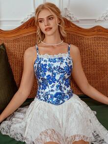 Myrelith 1pc Adjustable Waist Halloween Style Sexy Lace Patchwork Shapewear - Blue and White - View 7