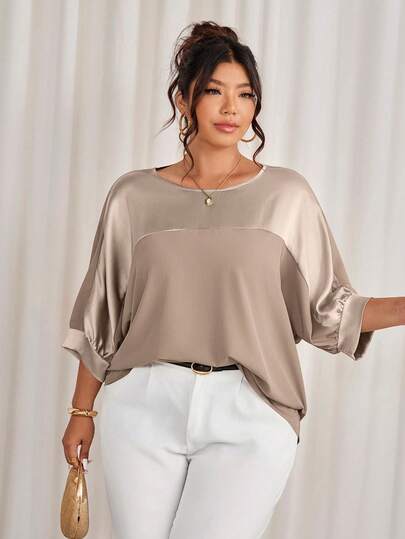 Cravure Camisa informal de manga 3/4 con cuello redondo, tela metálica, parches de contraste de color, puños de tela tejida, manga raglán, para salir, vacaciones, ir al trabajo, fiestas, talla grande