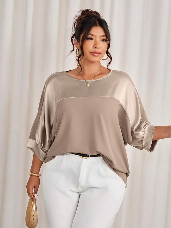 Cravure Plus Size Round Neck 3/4 Sleeve Metallic Fabric Patchwork Contrast Color Woven Fabric Cuff Raglan Sleeve Casual Outgoing Holiday Commute Party Pullover Shirt