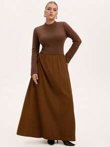 Aveloria Modichic Vintage Minimalist Patchwork Knit Mock Neck Long Sleeve Cinched Waist A-Line Dress - Brown - View 6