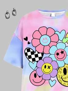 SHEIN Leap Crew 2 件套：扎染花卉印花、心形、豹纹少女休闲宽松短袖 T 恤和紧身裤，适合夏季