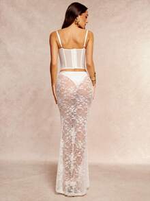 Silquee Bộ đồ lót gợi cảm gồm váy đuôi cá ren trắng cạp thấp và quần lọt khe trắng, thích hợp cho kỳ nghỉ, tiệc tùng, tiệc cocktail, đám cưới trên bãi biển, đồ lót ren xuyên thấu dành cho nữ. - trắng - Xem 2