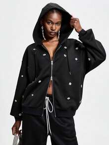 Aveloria GENKIRA Women's Solid Color Hooded Long Sleeve Casual Rhinestone Zipper Jacket - Black - View 1