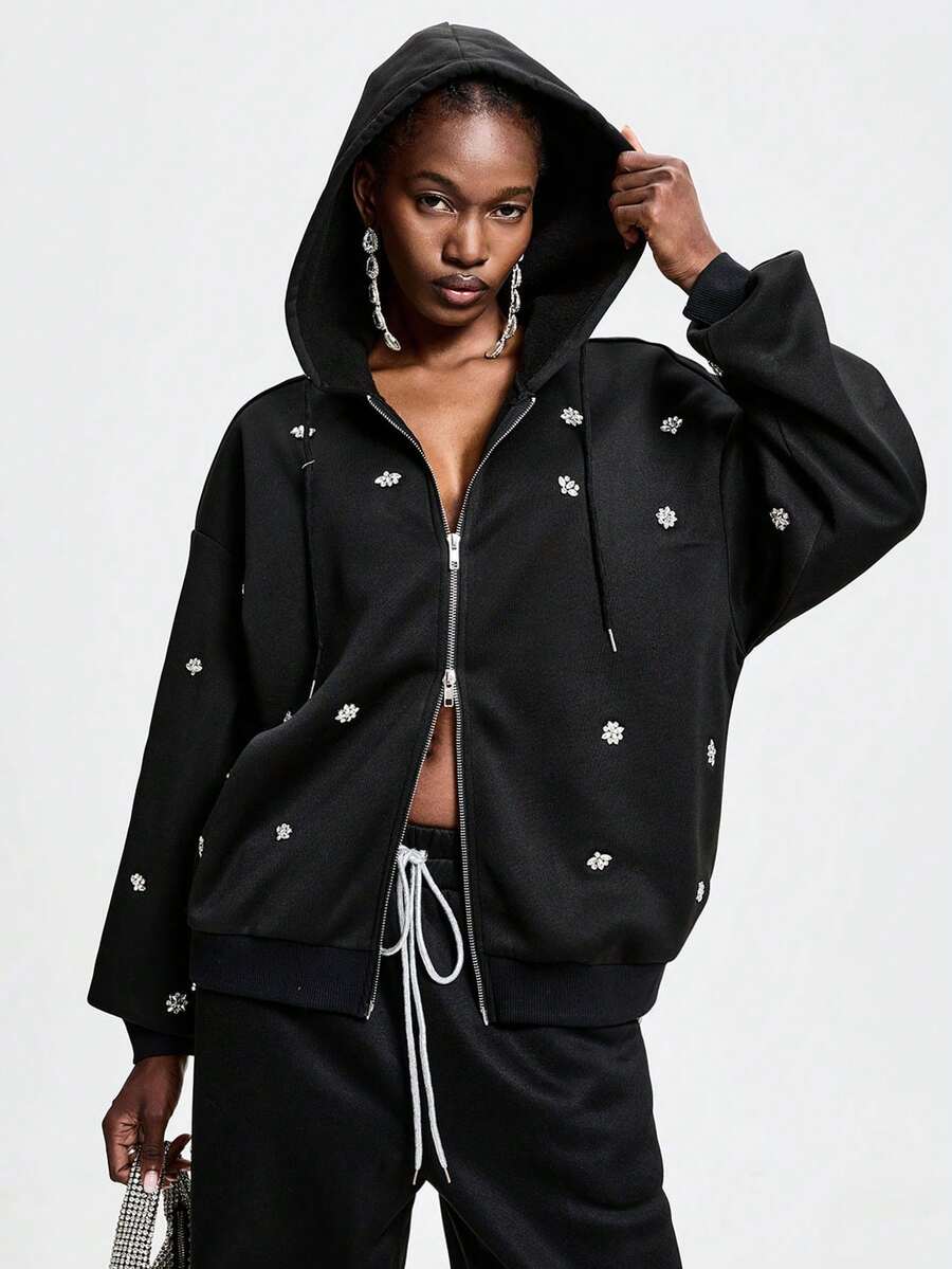 Aveloria GENKIRA Women's Solid Color Hooded Long Sleeve Casual Rhinestone Zipper Jacket - Black - View 1