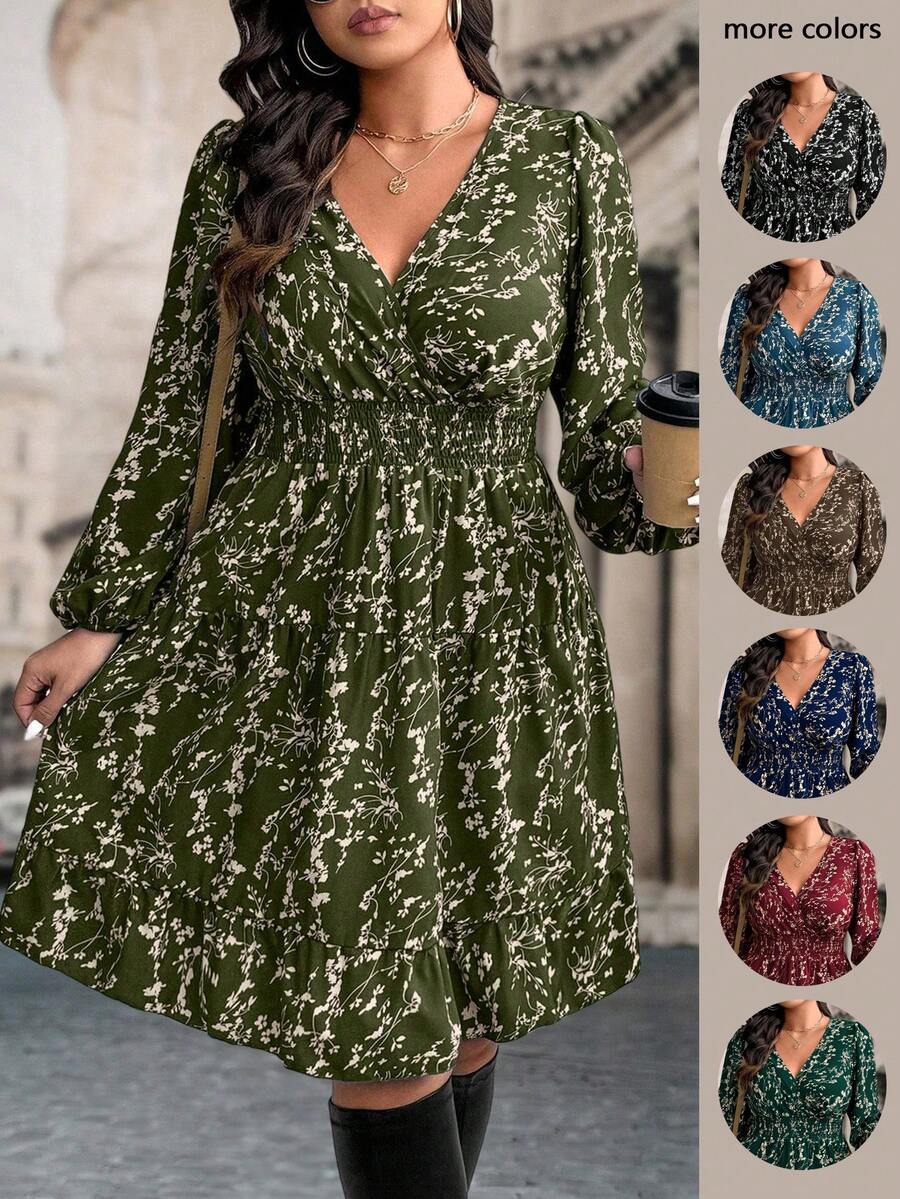 SHEIN LUNE Plus Size Women Floral Print Long Sleeve Ruffle Hem Dress, Autumn - Army Green - View 1