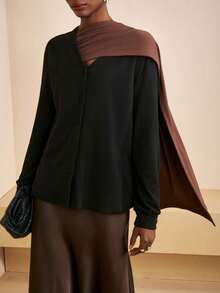 Zivah 2025 Autumn/Winter New Music Festival, Easter, St. Patrick's Day, Halloween, Christmas, Valentine's Day, Date, Western Style, Nomadic Style, Holiday Outfits, Office Wear, Elegant Party Loose Asymmetric Shoulder Long Sleeve Cardigan With Scarf - Black - View 2