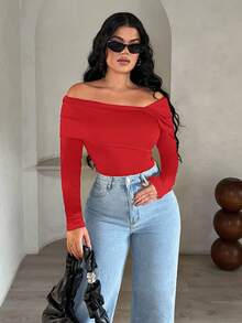 SHEIN SXY Red Knitted Long Sleeve Bodysuit For Women With Off Shoulder And Ruched Asymmetrical Neck Detail Red Bodysuit Women Red Body Suit Sexy Bodysuit - Red - View 6