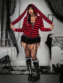 Whyspr Plus Size Punk Y2K Striped Bunny Ear Hooded Zip-Up T-Shirt - Multicolor - View 5