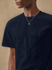 AKNOTIC 男士休闲刺绣宽松圆领T恤 - 藏蓝色 - 查看 2