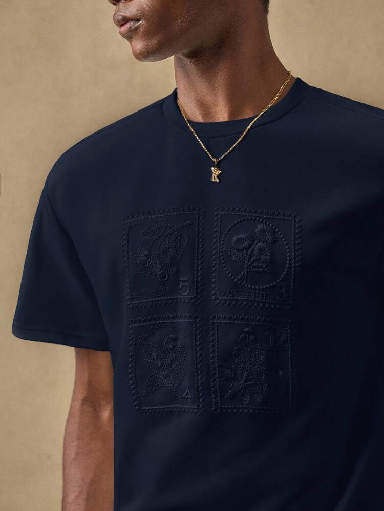 Camiseta casual de cuello redondo con bordado y corte holgado para hombre
