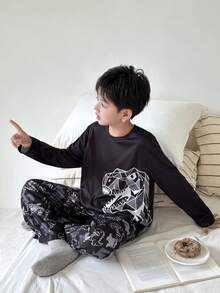 SHEIN 2 件套青少年男孩恐龙图案圆领长袖上衣和睡裤套装，柔软舒适的睡衣，秋冬 - 黑色 - 查看 3