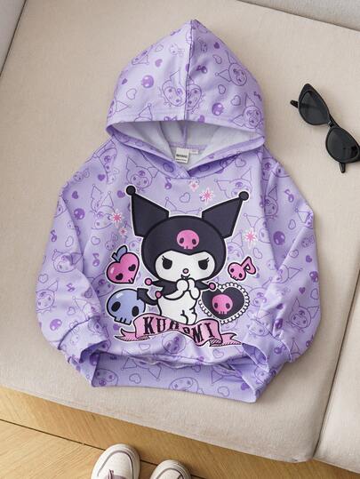 HELLO KITTY AND FRIENDS | SHEIN 年轻女孩甜美休闲宽松浅色印花套头卫衣，紫色