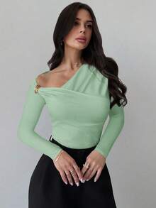 Firerie 女士新款优雅不对称肩部长袖裹身金属装饰褶皱修身T恤，适合秋季、返校季、秋季女装、机场、外出穿着 - 薄荷綠 - 查看 6