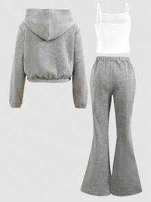 SHEIN Ensemble adolecente minimaliste décontracté : cardigan à capuche, veste courte, débardeur et pantalon évasé - Kaki - Voir 2