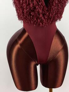 Y2K Amplova Wine Red Furry Halter Neck Sexy Bodysuit For Party Burgundy Burgundy Bodysuit Red Bodysuit Faux Fur Women Bodysuit - Burgundy - View 4