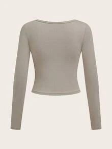 SHEIN EZwear 女款休閒極簡主義圓領緊身長袖打底 T-shirt，淺杏色，秋冬款 - 卡其色 - 查看 3