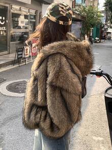 DAZY Damjacka med lång ärm och lös luva, casual, fluffig jacka för höst/vinter - Kaffebrun - Visa 2