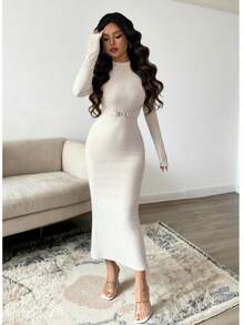 Elenzga Women's Autumn/Winter Elastic Knit Textured Dress, Turtleneck Bodycon Dress, Metal Buckle Design Dress, Elegant Ladies Dress, Casual Dress, Autumn/Winter Women's Clothing, Party Dress