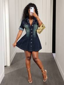BamGleam Váy denim xanh cổ điển tối màu ôm sát, co giãn, gợi cảm dành cho nữ - Rửa tối - Xem 7