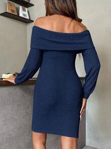 SHEIN Vestido de Maternidad Otoño unicolor con Hombros Descubiertos Manga Larga Acanalado Ajustado - Azul Marino - Ver 10