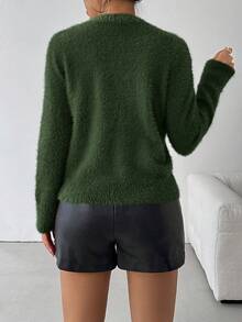 SHEIN Clasi 女士优雅串珠圆领毛衣，秋冬新年服装 - 軍綠色 - 查看 2