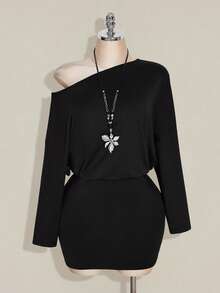 SHEIN ICON 女士大码秋冬复古性感休闲时尚个性Y2K千禧风不对称肩部修身黑色针织迷你连衣裙 - 黑色 - 查看 5