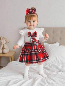 SHEIN Playful Pals 两件套女婴白色针织长袖上衣搭配红色格子雪花裙圣诞套装，可爱甜美，适合幼儿冬季穿着。 - 白色 - 查看 1