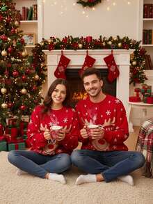 SHEIN Men's Red Base Christmas Reindeer Pattern Crew Neck Long Sleeve Sweater, For Winter - Red - View 5