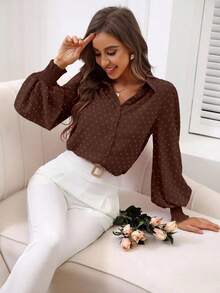 EMERY ROSE Women's Fashionable Casual Printed Cuff Sleeve Long Sleeve Shirt - Coffee Brown - View 5