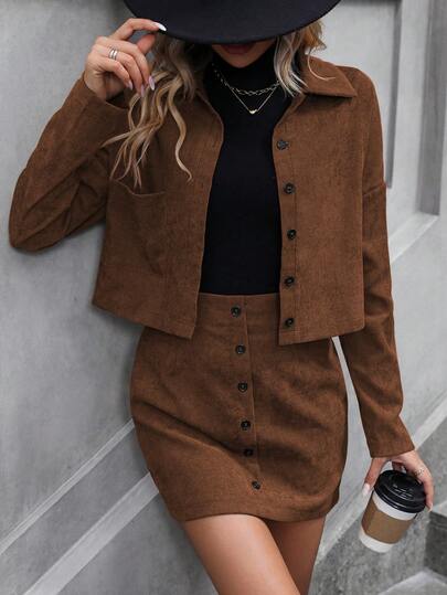 EMERY ROSE Women's Solid Color Long Sleeve Single-Breasted Jacket And Midi Skirt Casual 2-Piece Set, Autumn