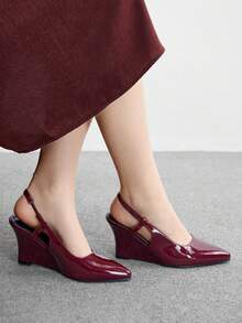 CUCCOO BIZCHIC Pointed Toe Wedge Heel Burgundy Backstrap Comfortable Elegant Versatile Commuter Women's Wedge Slip-On Shoes - Burgundy - View 3