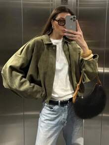 Siren Gaze Women's Bomber Jacket Crop Suede Jacket Spring 2025 Oversized Long Sleeve Coats New In Coats & Jackets ,Women's Loose Short Coat Cropped Jacket Oversized Jacket Olive Green Jacket In Fall/Winter Casual Christmas - Olive Green - View 7