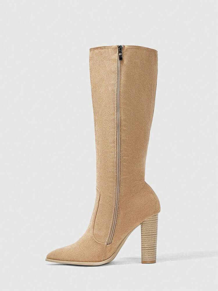 CUCCOO BIZCHIC 秋冬通勤用 高品質キャメル ロングブーツ、尖った つま先 厚手ヒール エレガントな レディースブーツ、ファッショナブルで多用途な新作ロングブーツ、女性らしい魅力とエレガンスを演出