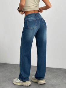 EURMUSE WOMEN MID WAIST STRAIGHT JEANS Y2k Casual Wide Leg Oversized Baggy 2000s Style Bootcut Loose Flared Jeans For Women School Dark Blue Summer - Medium Wash - View 2