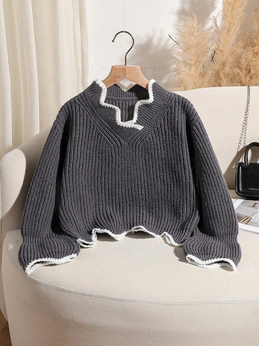Genkimix Kids Tween Girl Chunky Knit Cropped Long Sleeve Sweater, Autumn/Winter, V-Neck Ruffle Hem, Bell Sleeve Detantic Fashionable Pullover - Grey - View 1