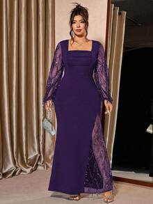 Cravure Plus Size Women's Square Neck Sparkly Mesh Patchwork Dress, Stretchy Luxurious Party Long Sleeve High Slit Autumn/Winter Elegant Party Gown - Purple - View 5