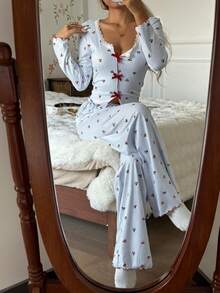 CottageSlumber Women's Romantic Lace Fitted V-Neck Cherry Print Top & Pants Pajama Set, Fall & Winter Clothes - Blue - View 3