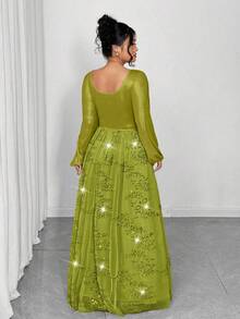 Elenzga 大码亮片珍珠V领优雅纯色长袖连衣裙 - 綠色 - 查看 2