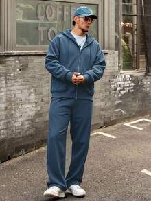 DAZY Navy Blue Men's Hooded Sweatshirt Set With Thermal Lining, Zip-Up Front, Autumn/Winter - Navy Blue - View 5