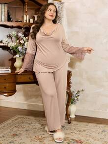 Côtesoire Ensemble de vêtements de nuit grande taille pour femmes avec empiècement en dentelle, col drapé. Ensemble pyjama grande taille, ensemble loungewear grande taille, vêtements de nuit grande taille, ensemble pyjama grande taille, vêtements d'hiver - Kaki - Voir 6