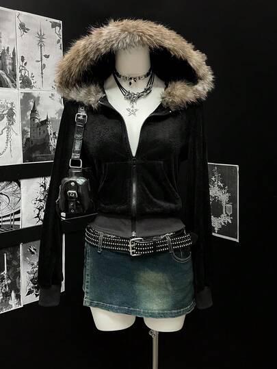 EgrlEra 女士时尚连帽流苏拉链短款休闲长袖卫衣