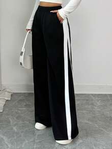 Rafferiza 女士弹力腰侧条纹保暖宽松阔腿休闲裤 - 黑與白 - 查看 6