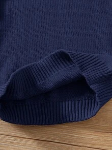 SHEIN Young Boys' Khaki Textured Casual Comfortable Versatile Contrast Color Collar Thick Sweater, Back To School, Autumn/Winter - Navy Blue - View 5