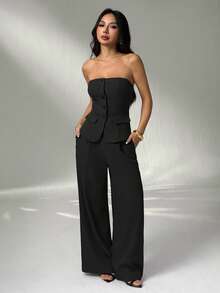 SHEIN PETITE 1 Set Solid Color Fitted Camisole Top And Elegant Pants Suit In Fall/Winter - Black - View 9