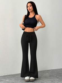 SHEIN PETITE 女式休闲灰色针织松紧腰喇叭运动裤