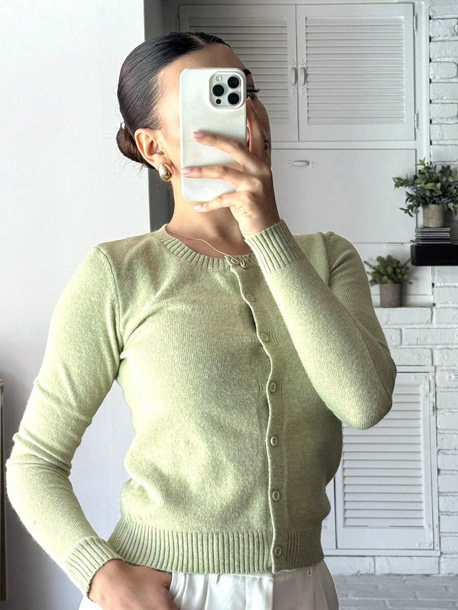 Andrea Bello Summer Crewneck Button Front Long Sleeve Cardigan Sweater - Green - View 1