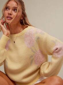 WESTFADE 春季西部牛仔女花提花船领长袖针织毛衣 - 黃色 - 查看 5