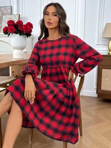 EMERY ROSE Women's Plaid Round Neck Long Sleeve Ruffle Hem Casual Loose Mid-Length Dress Long Sleeve Plaid Dress Red Plaid Dress Plaid Women Dress Checkered Dress Plaid Dress Women Christmas Dress New Year Dress New Year Dress - Red - View 8