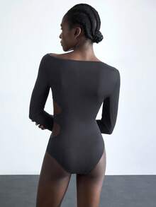 Maija Women's Black High-Stretch Fabric Attention-Grabbing Asymmetric Shoulder Design Waist Hollow-Out Bodysuit, Suitable For Urban Commute, Business, Casual, Wedding Guest, Christmas, New Year Party - Grey - View 7